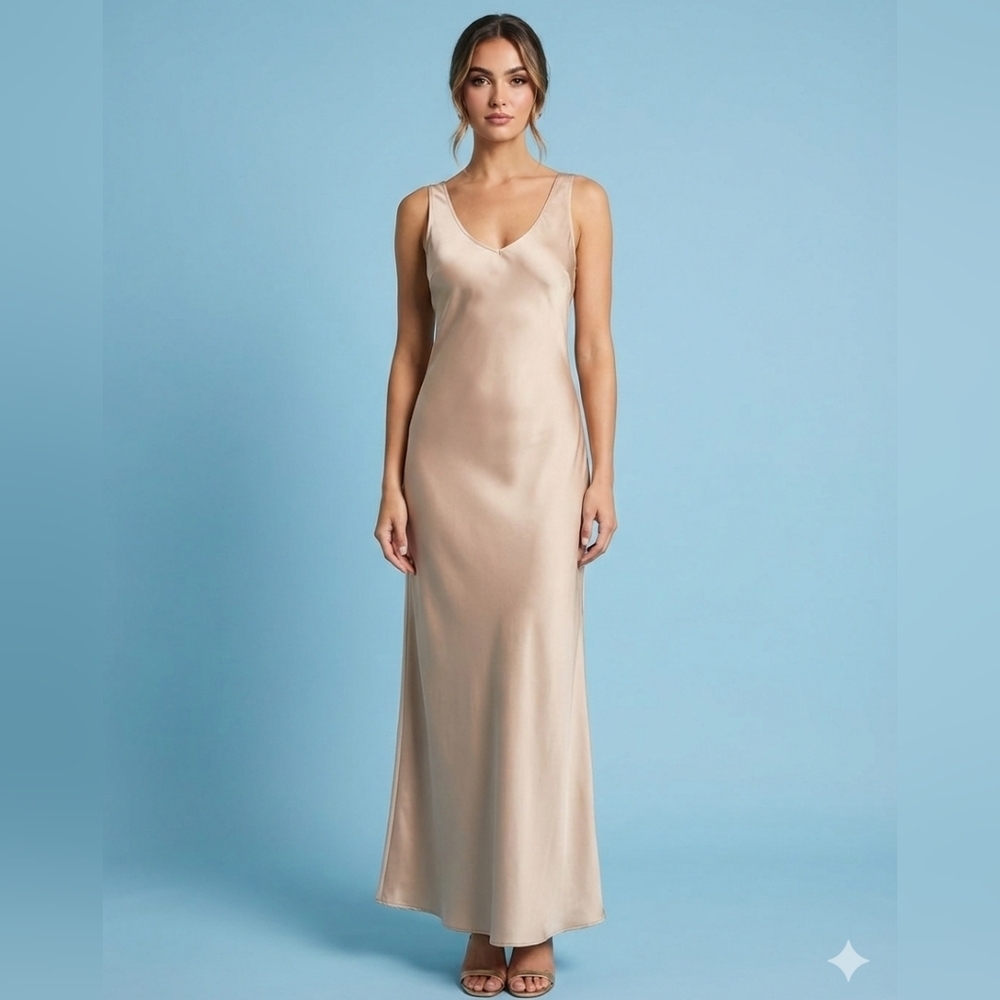 Elegant Satin Evening Dress Size L. Round neck in front and V-neck in back .